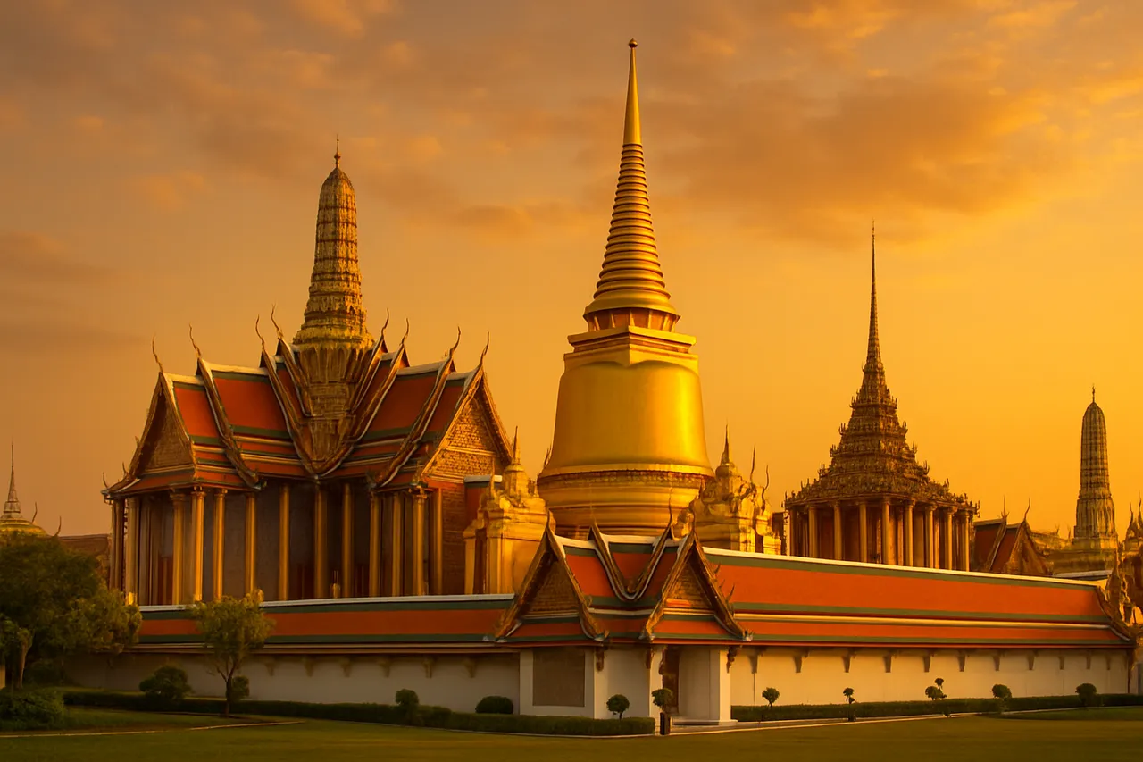 The Grand Palace in Bangkok at sunset, showcasing golden stupas, ornate temples, and traditional Thai rooftops glowing under a warm sky