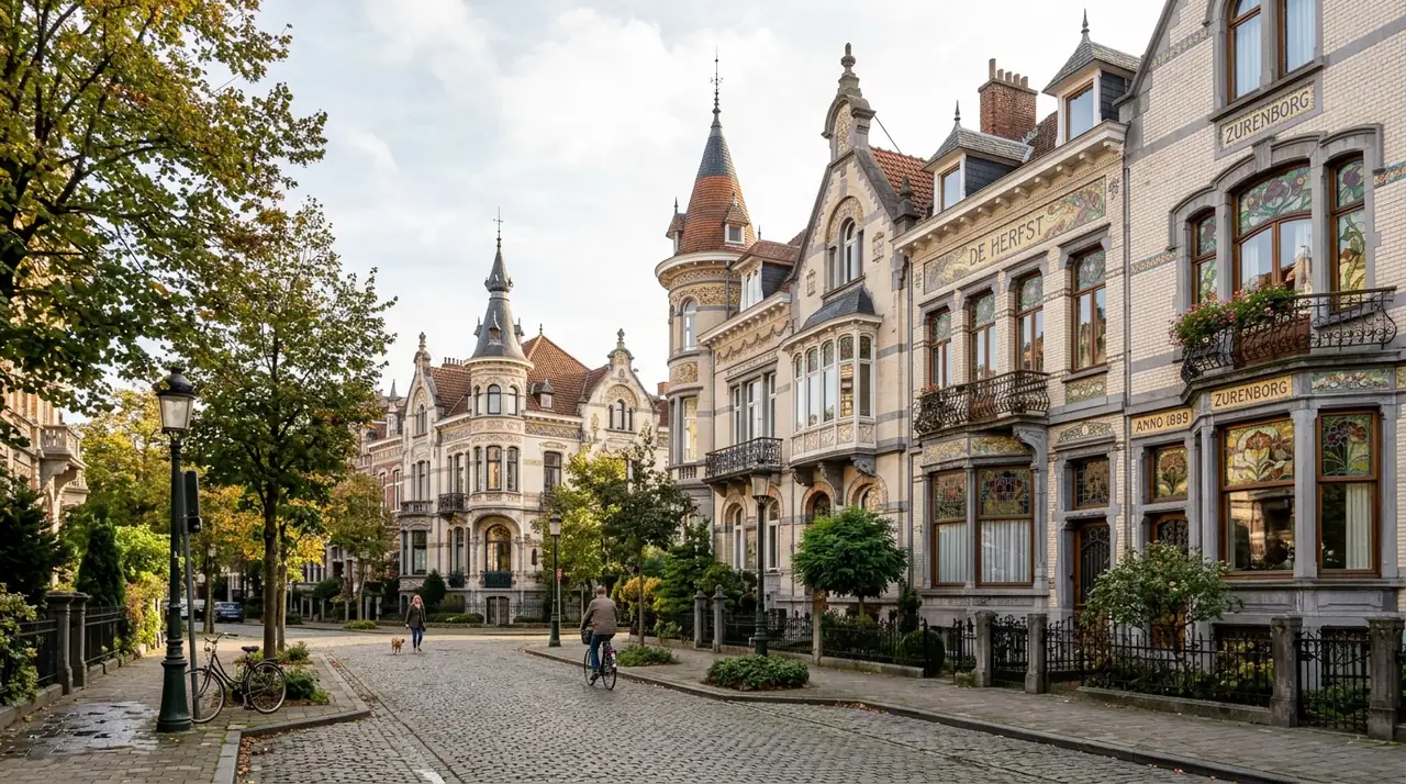 Cogels-Osylei in Zurenborg, Antwerp: ornate Art Nouveau townhouses with turrets, mosaics, and stained-glass windows
