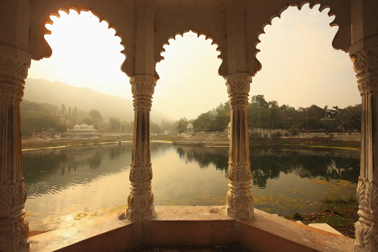 Sunset at an Udaipur temple overlooking the lake