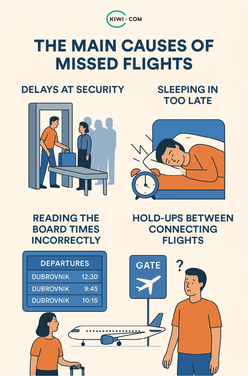 Infographic titled “The Main Causes of Missed Flights” with four illustrated sections: delays at security showing a passenger at a metal detector, sleeping in too late showing a person asleep with an alarm clock, reading the board times incorrectly showing a passenger looking at a departure board with multiple Dubrovnik listings, and hold-ups between connecting flights showing a confused traveler near a gate sign.