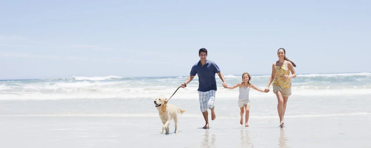 Family with dog running on beach