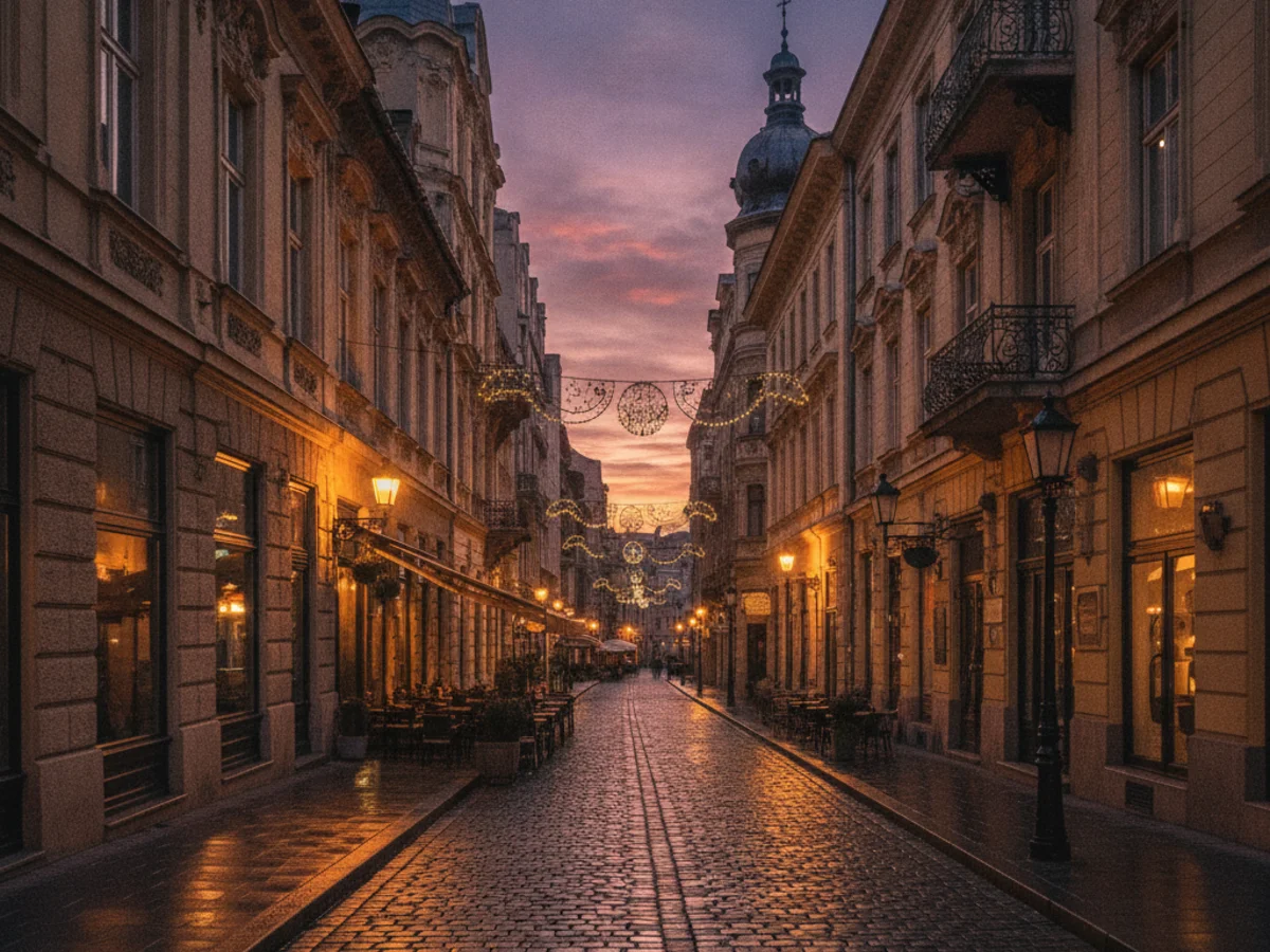 Historic Belle Epoque buildings and lively bar-lined cobblestone streets in Bucharest Old Town at dusk