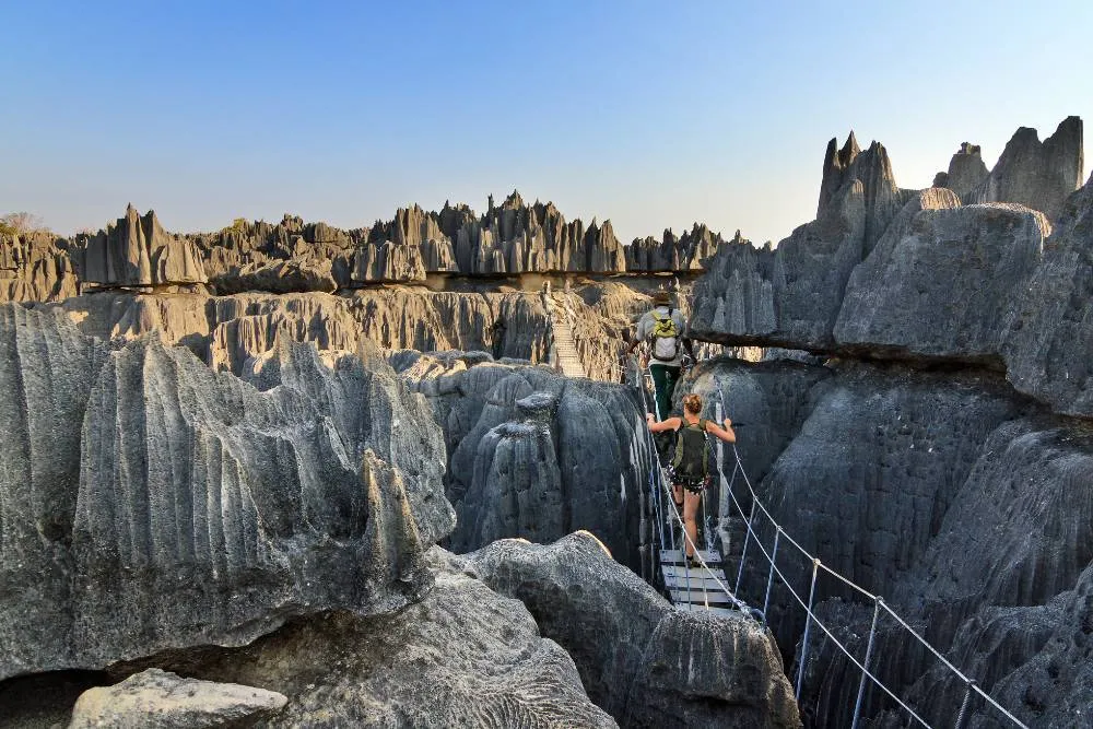 Személy a Késes erdő (Tsingy de Bemaraha) feletti légi sétányon - Getty Images