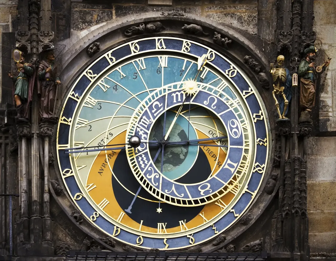 Close-up of the Prague Astronomical Clock with intricate zodiac and time details