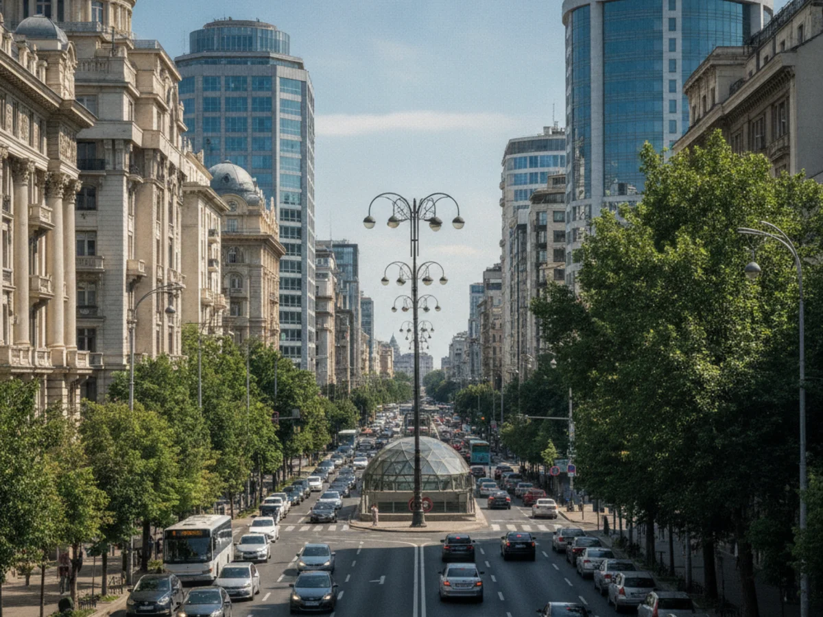 A wide central boulevard at Piata Romana in Bucharest with mid-rise buildings and a metro entrance in daylight