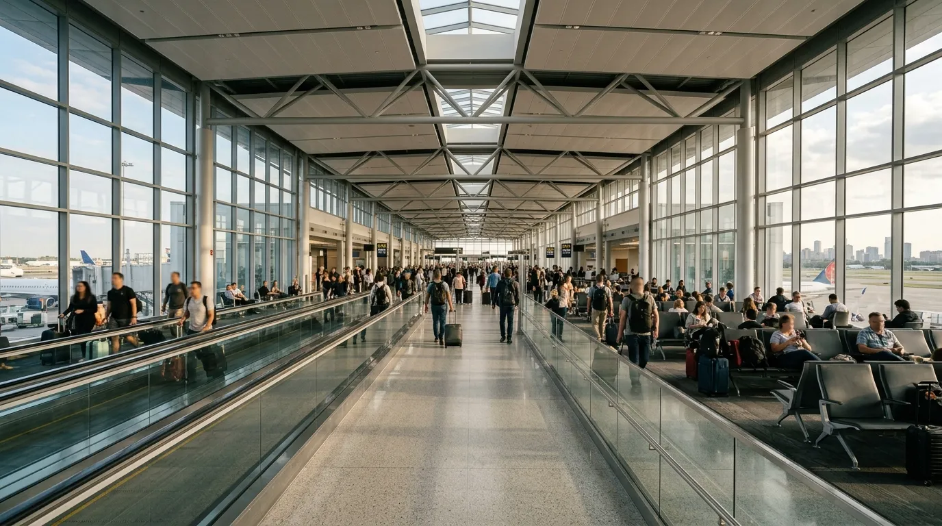 The interior of a bright airport terminal concourse with a moving walkway, large windows, and travelers with luggage in the distance.