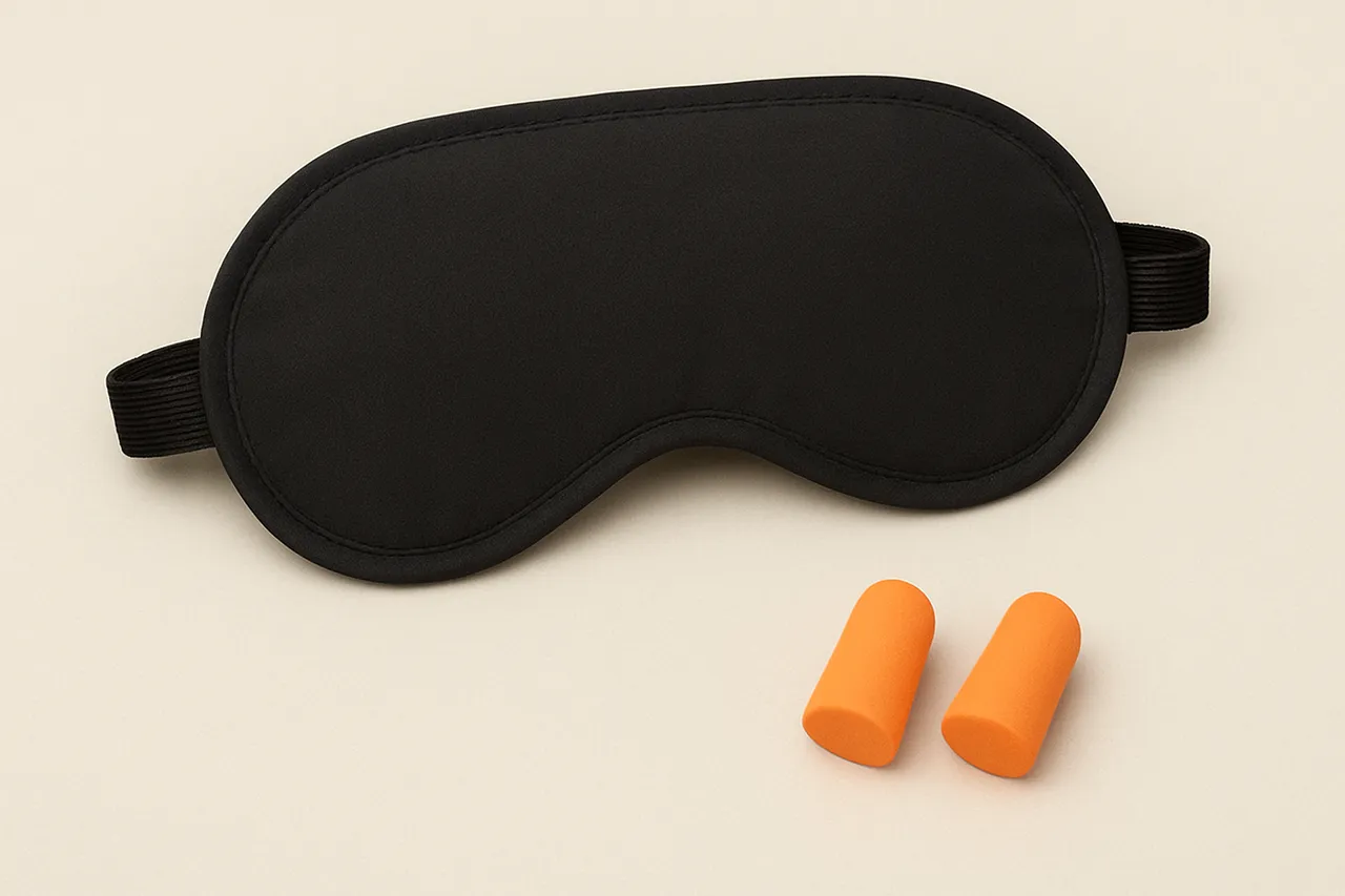 A black sleep mask with a pair of orange foam earplugs placed on a light background.
