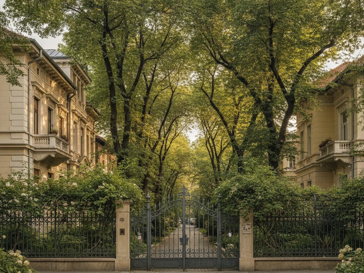 A quiet tree-lined residential street in the Cotroceni neighbourhood of Bucharest with elegant early-20th-century villas