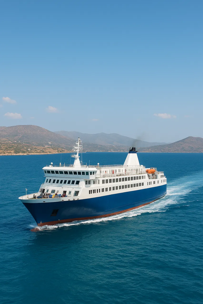 A large white and blue ferry sails across the clear blue waters of the Aegean Sea with Greek islands and hills in the background under a bright sky.