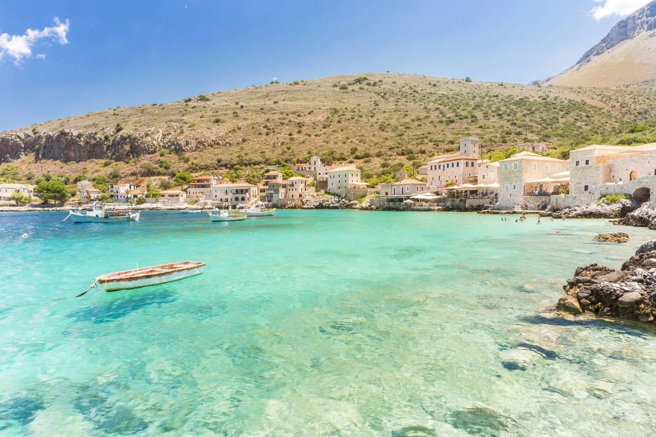 Turquoise sea at the coastal village of Limeni, Mani region, Peloponnese, Greece, Europe