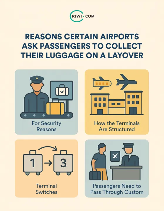 Infographic showing four illustrated reasons why airports may require passengers to collect their luggage during layovers, including security checks, terminal structure, terminal switches, and customs requirements.