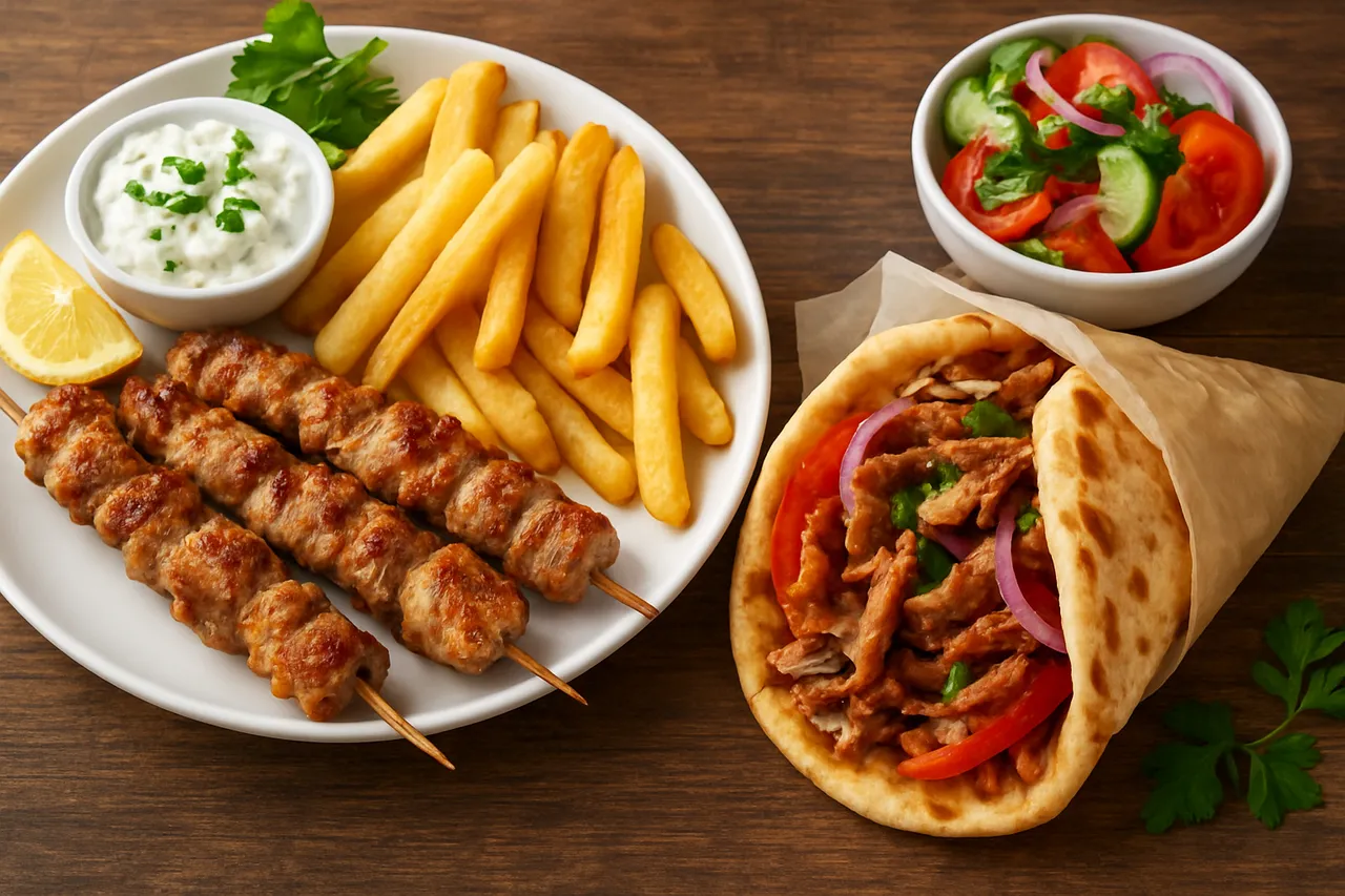 Greek souvlaki skewers served with fries and tzatziki, alongside a gyro wrap filled with seasoned meat, tomato, and onion, presented on a rustic wooden table.