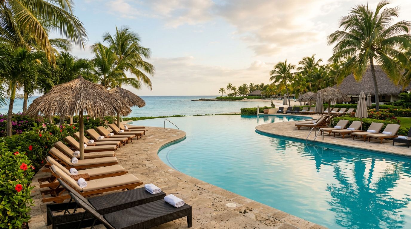 A quiet Caribbean all-inclusive resort pool with palm trees and empty loungers in low season, calm sea beyond