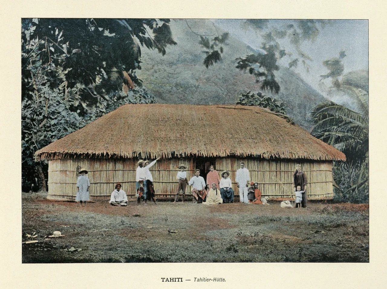 Vintage picture, Natives of Tahiti outside a traditional thatched hut, History 1890s, 19th Century, Photograph
