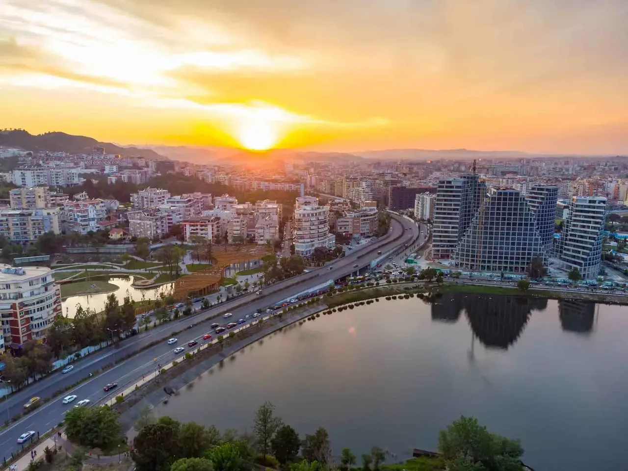 Perfect sunset on a beautiful day in Tirana