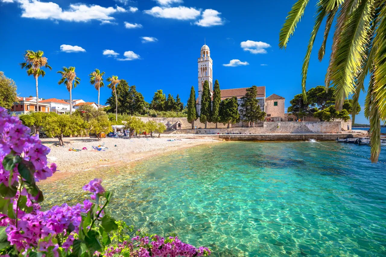 Franciscian monastery and turquoise beach on Hvar island