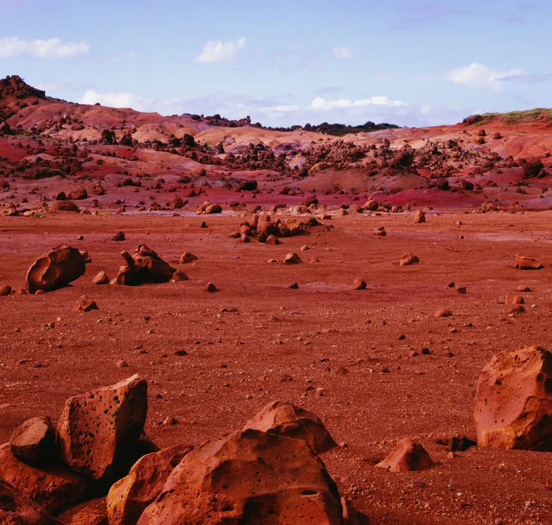 Red rocky landscape in Hawaii resembling a Martian terrain