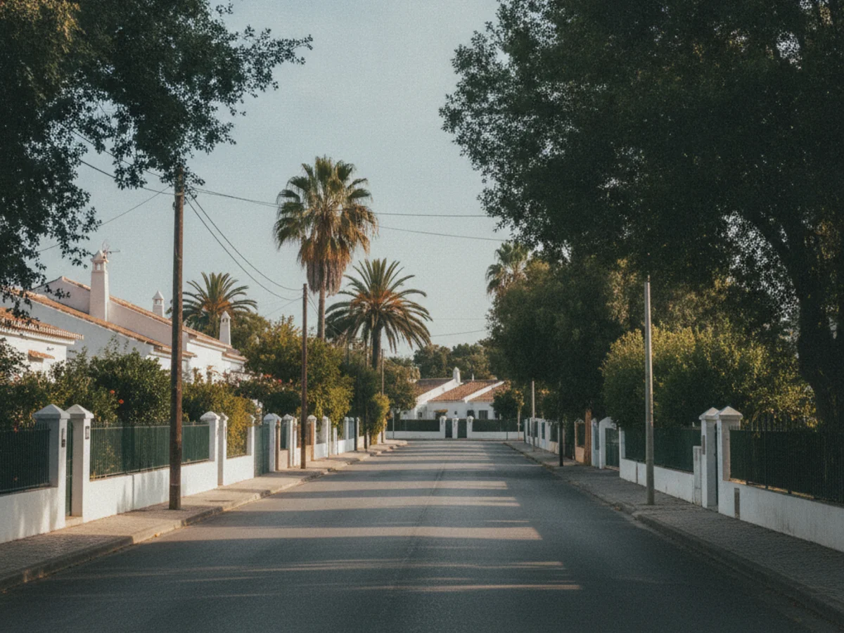 A quiet leafy residential suburb near Faro with low white houses, terracotta roofs and palm trees in the Algarve sunshine