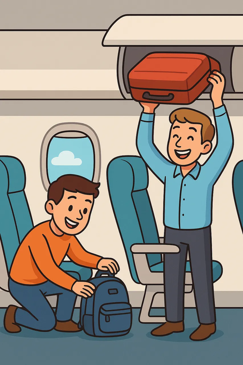 Cartoon illustration of two happy men on an airplane, one placing a backpack under his seat as a personal item, and the other lifting a red suitcase into the overhead bin as cabin baggage.