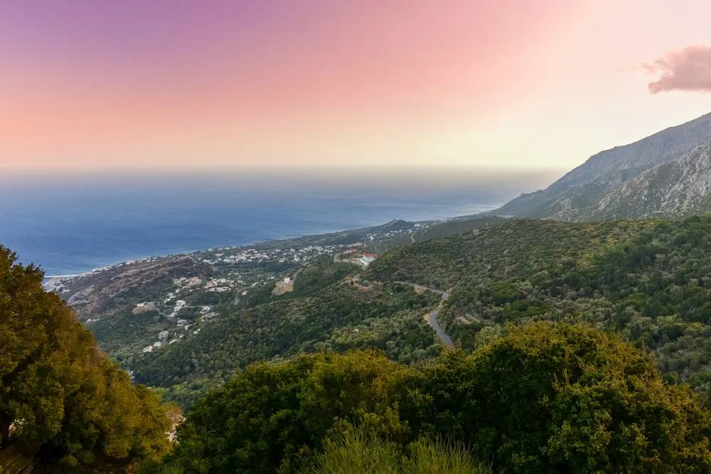 Sunset view over hills on Ikaria — Getty Images