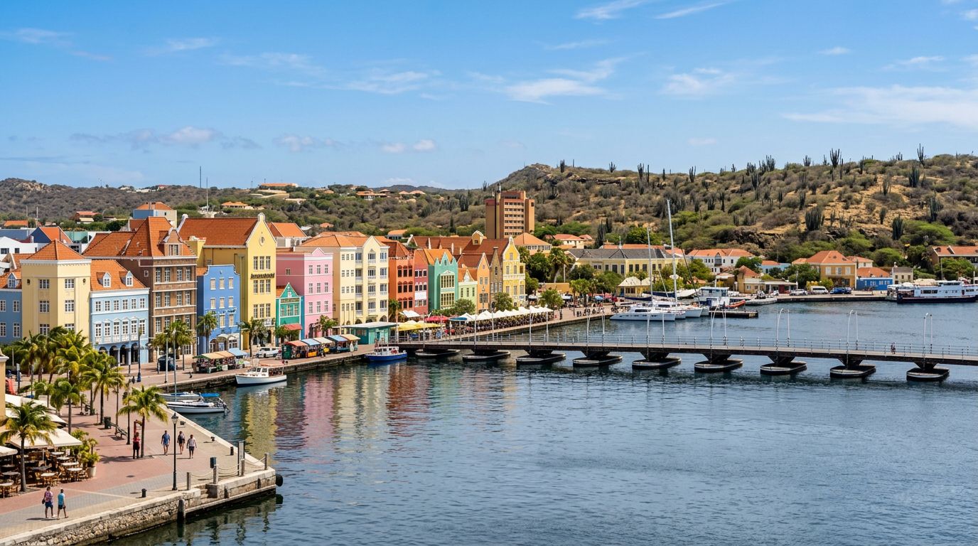 Pastel-coloured Dutch colonial waterfront houses of Willemstad, Curaçao, along a calm harbour under a clear sky