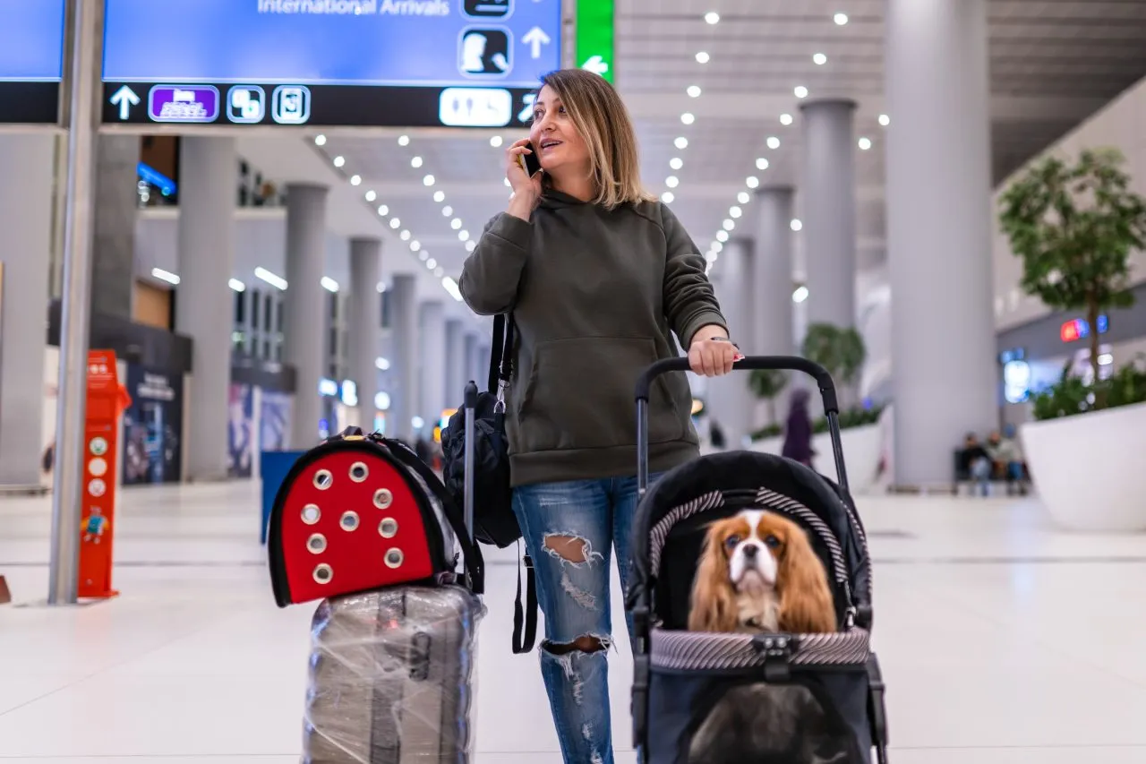 Woman traveling with her dog at the airport