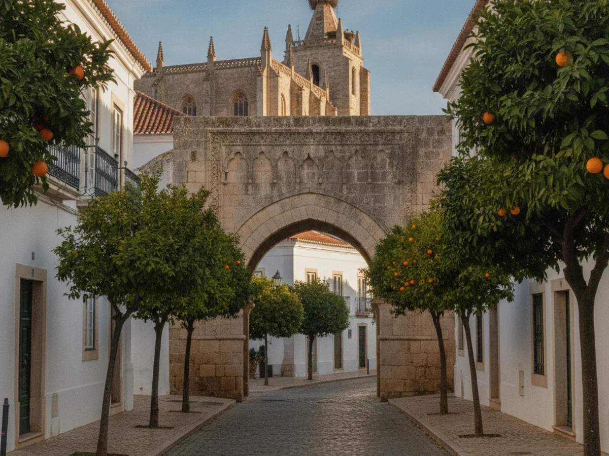 A cobblestone street in Faro Old Town leading through a stone Moorish archway to the Gothic cathedral, framed by orange trees