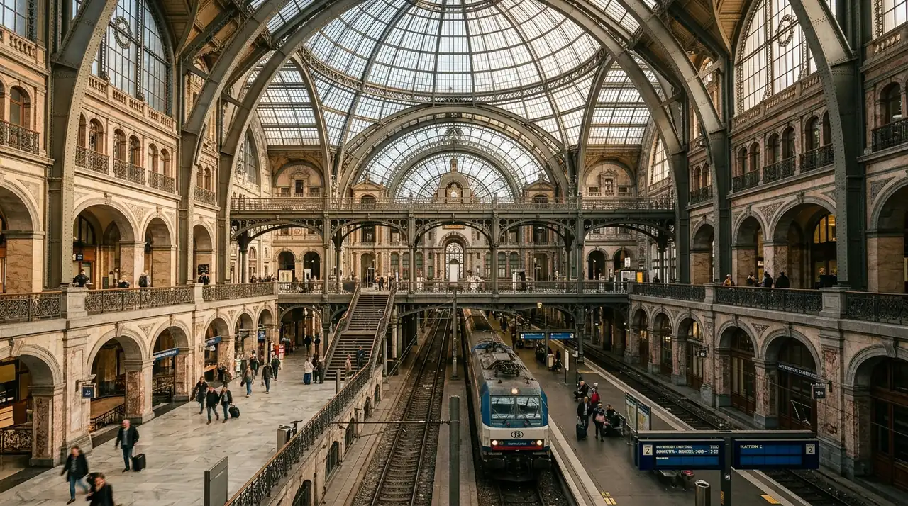 Interior of Antwerp Central Station: the monumental four-level train hall with marble, ironwork, and a domed ceiling