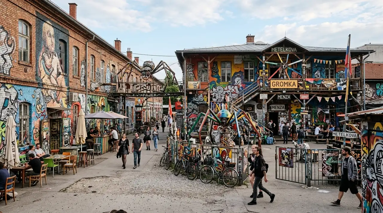 Metelkova autonomous cultural quarter in Ljubljana: graffitied former army barracks turned street-art zone with colourful murals