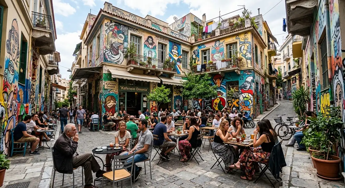 Exarcheia neighbourhood in Athens with street art on building walls, a small square with locals at café tables, and a bohemian atmosphere