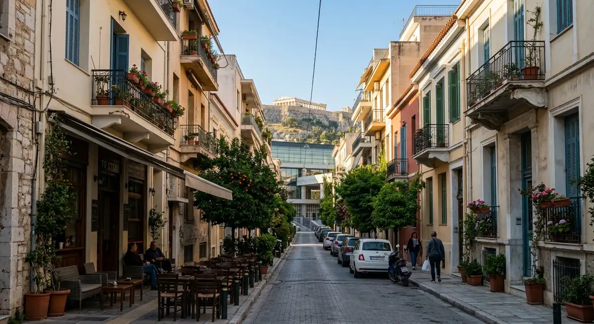Koukaki neighbourhood in Athens with quiet residential streets, local cafés, and the Acropolis Museum visible at the end of the street