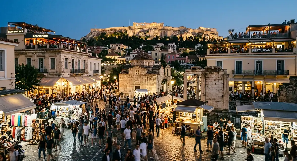 Monastiraki Square in Athens at dusk with the Acropolis lit up above, market stalls, and rooftop bars visible on surrounding buildings