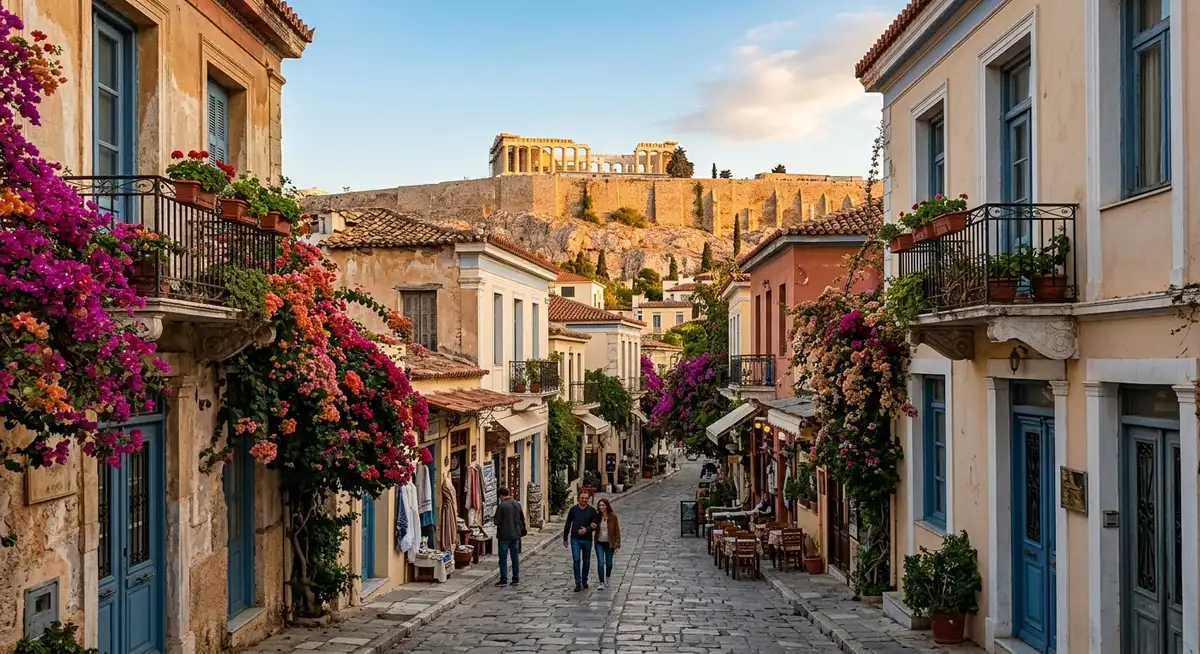 Plaka neighbourhood in Athens with neoclassical houses, narrow pedestrian streets, and the Acropolis rising above