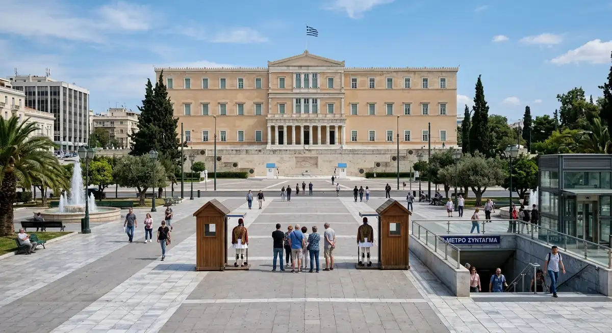 Syntagma Square in Athens with the Parliament building, the Evzones guards, and the metro entrance visible at the edge of the square