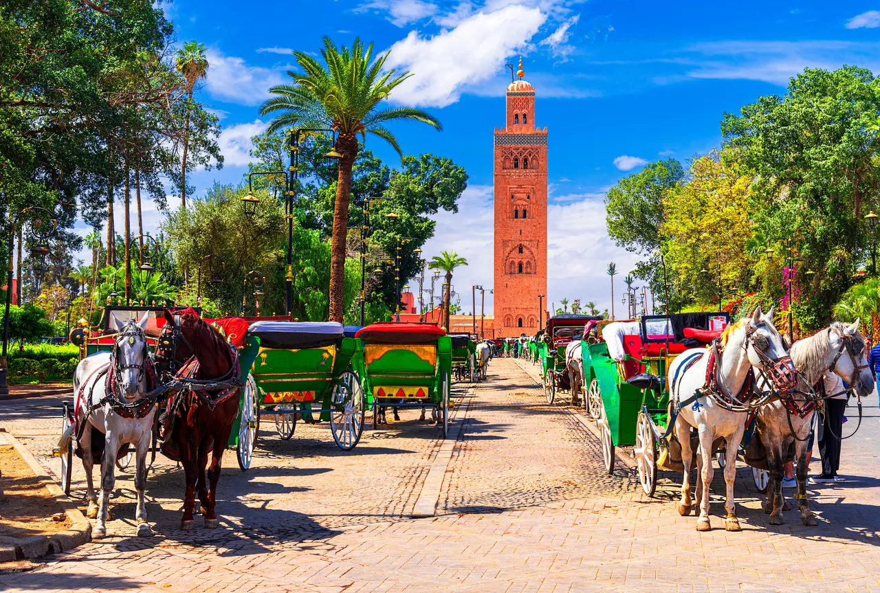 Marrakesh, Morocco: Beautiful view of the horse carriage in front of the Koutoubia Mosque minaret at Medina quarter from Jemaa el-Fnaa, North Africa