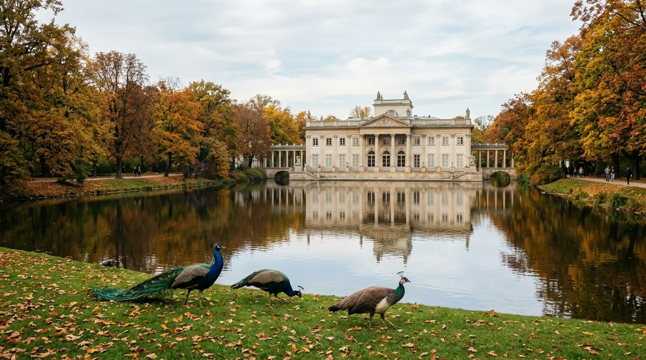 Lazienki Park in Warsaw: the Palace on the Isle reflected in the lake with peacocks on the lawn and autumn foliage