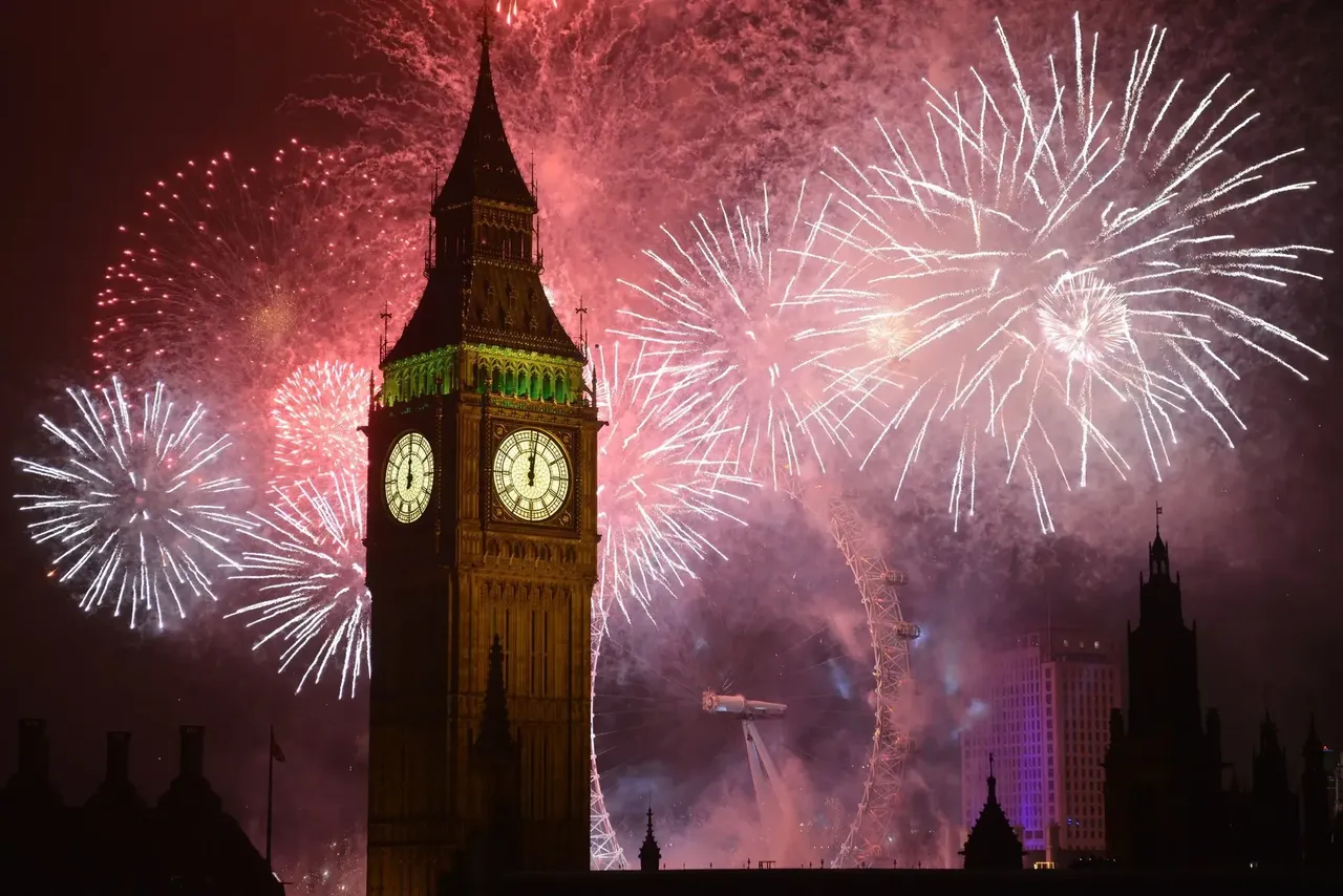Fireworks in red, white, and purple light up the sky above Big Ben and the London Eye during a nighttime celebration