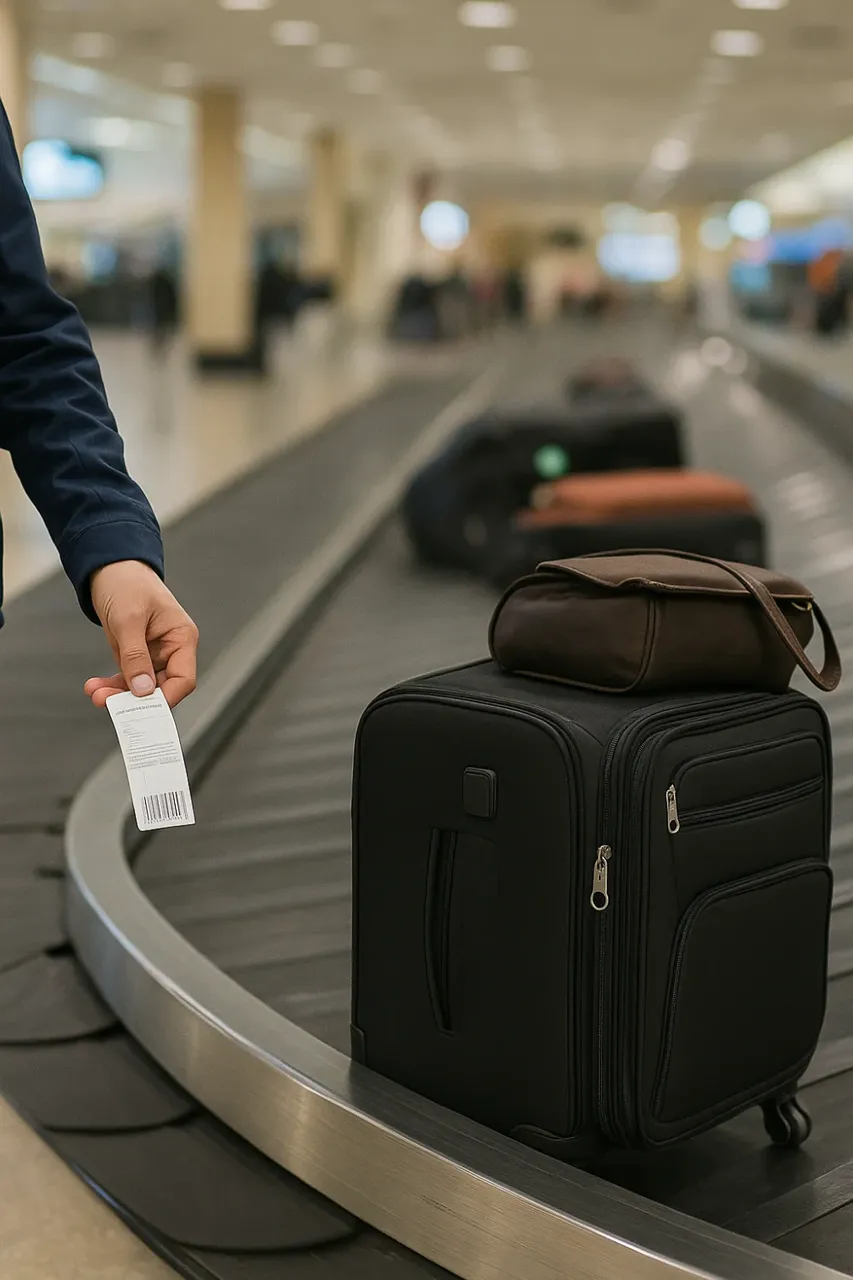 Traveler holding a baggage claim tag beside a suitcase on an airport baggage carousel.