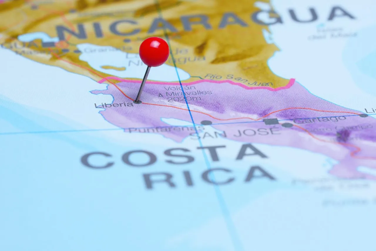 Liberia pinned on a map of Costa Rica