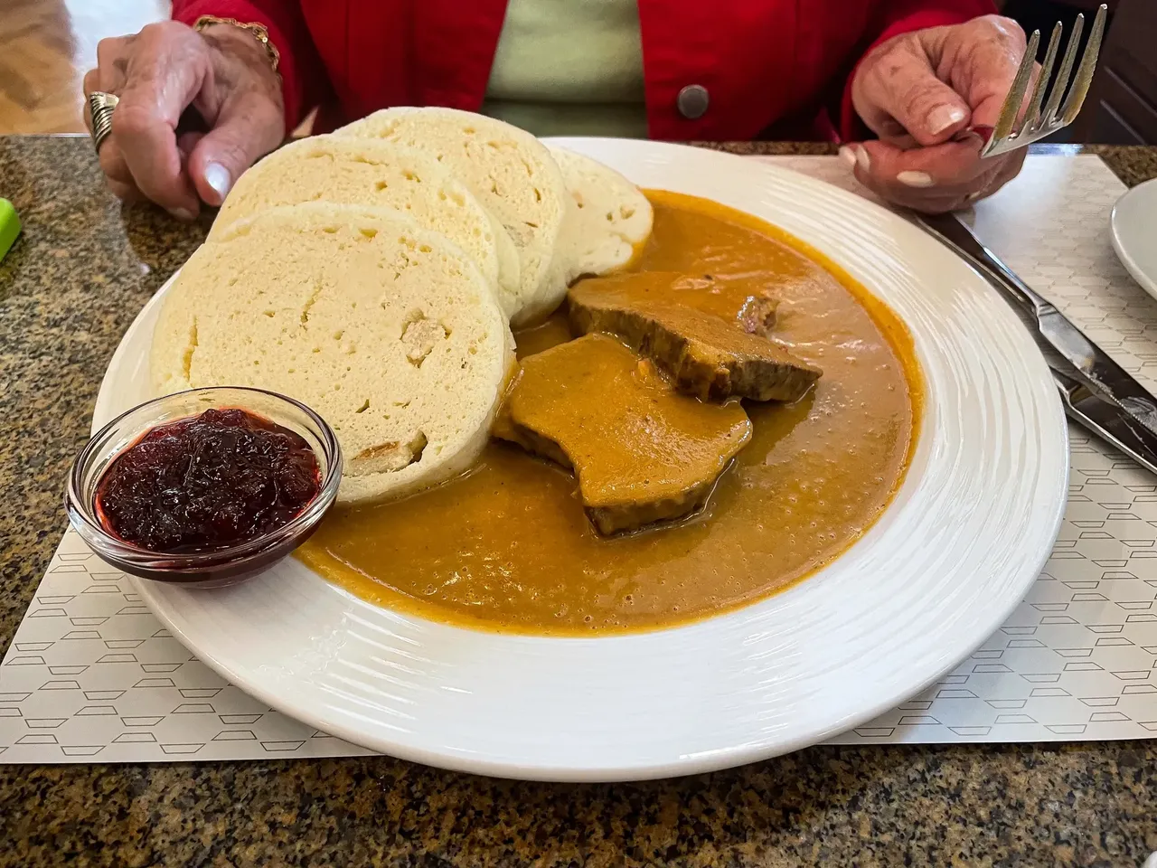 Traditional Czech meal with slices of bread dumplings, meat, and creamy sauce served on a plate