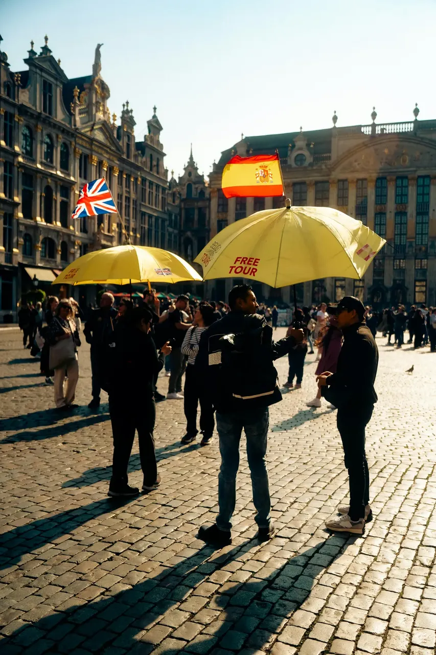 Un grup de turiști se bucură de un traseu gratuit de mers pe jos pe străzile istorice ale Bruxelles-ului.
