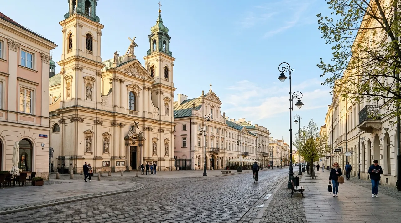 Warsaw’s Royal Route with baroque church facades and cobblestone street in morning light