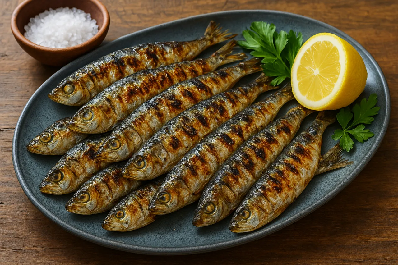 A plate of freshly grilled sardines with golden, crispy skin, served with lemon and parsley on a rustic wooden table.
