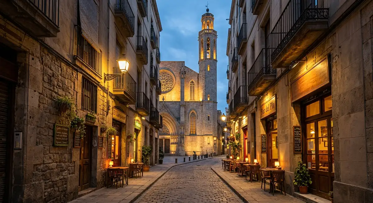 El Born at dusk, with the Basilica of Santa Maria del Mar lit up and narrow streets leading toward small bars and restaurants