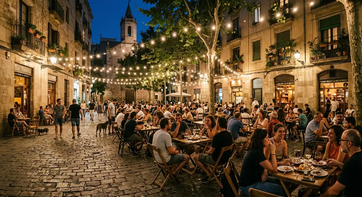 A plaza in Gràcia in the evening, with locals sitting at outdoor tables, string lights overhead, and narrow cobblestone streets branching off