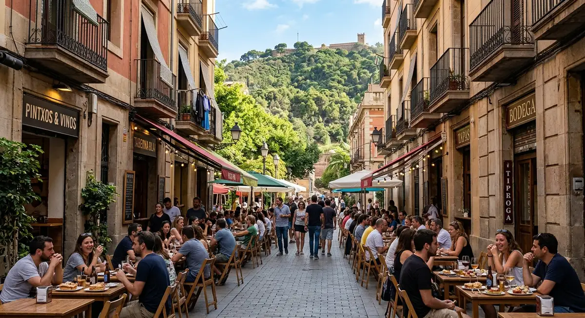 Poble Sec’s Carrer de Blai, a pedestrian street with pintxos bars and outdoor tables, with the green hill of Montjuïc rising behind