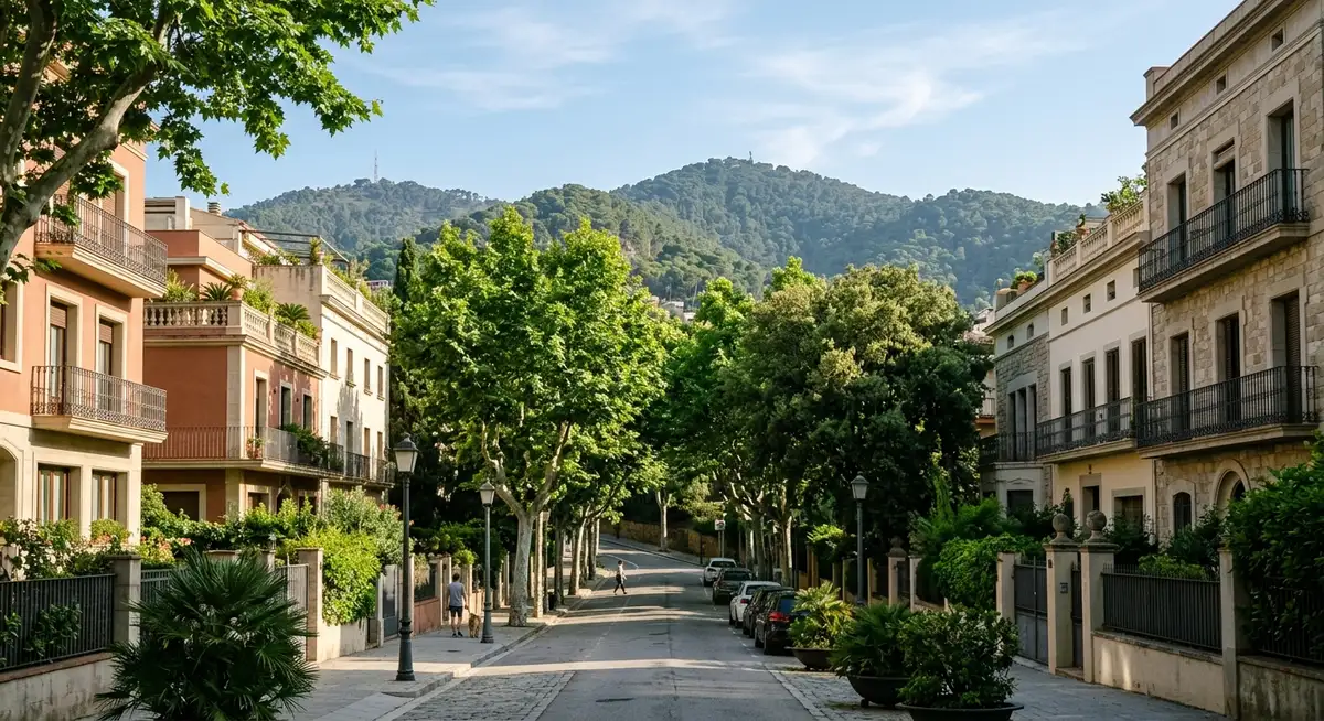 A quiet residential street in Sarrià-Sant Gervasi with trees, low buildings, and the hills of Collserola behind