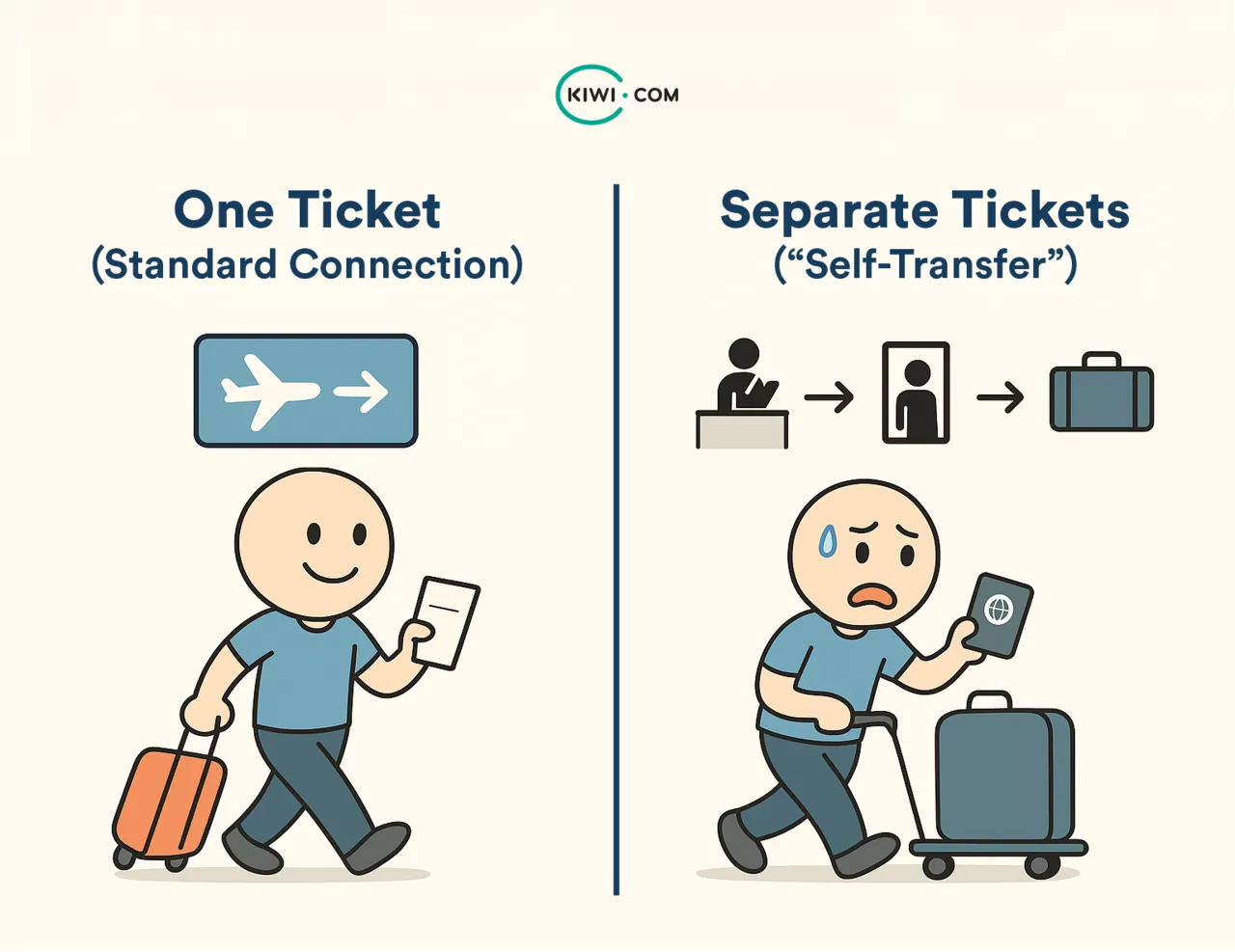 A two-panel cartoon illustration comparing two layover scenarios. On the left, under the title “One Ticket (Standard Connection),” a happy traveler walks with a small suitcase and boarding pass directly toward the gate. On the right, under the title “Separate Tickets (‘Self-Transfer’),” the same traveler looks stressed, sweating while pushing heavy luggage and holding a passport, with icons of check-in, passport control, and baggage claim above.
