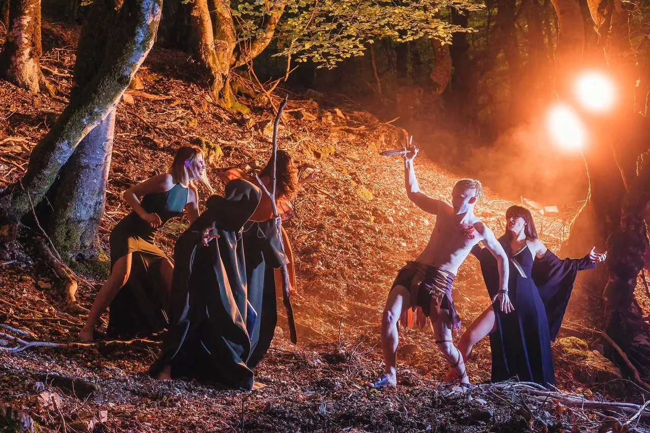 A nighttime scene of the Celtic Festival of Samhain, with bonfires, people in traditional costumes, and a mystical atmosphere under the moonlight