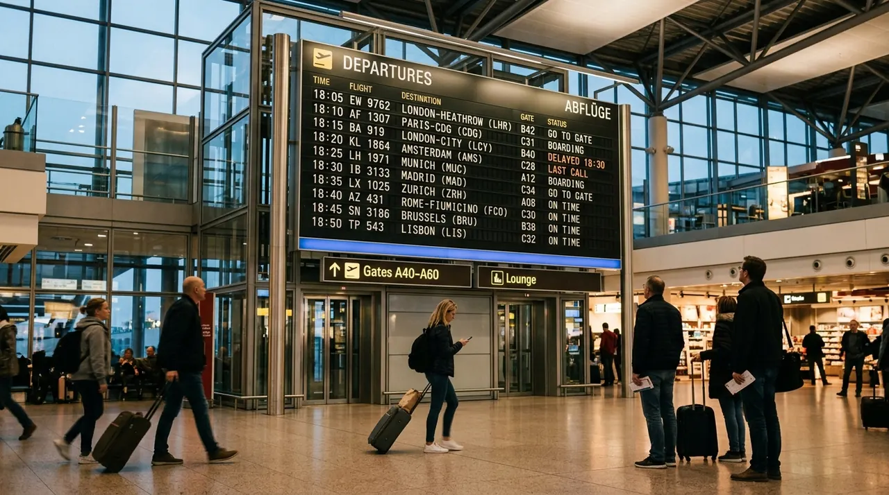 A modern European airport departure board showing multiple city destinations
